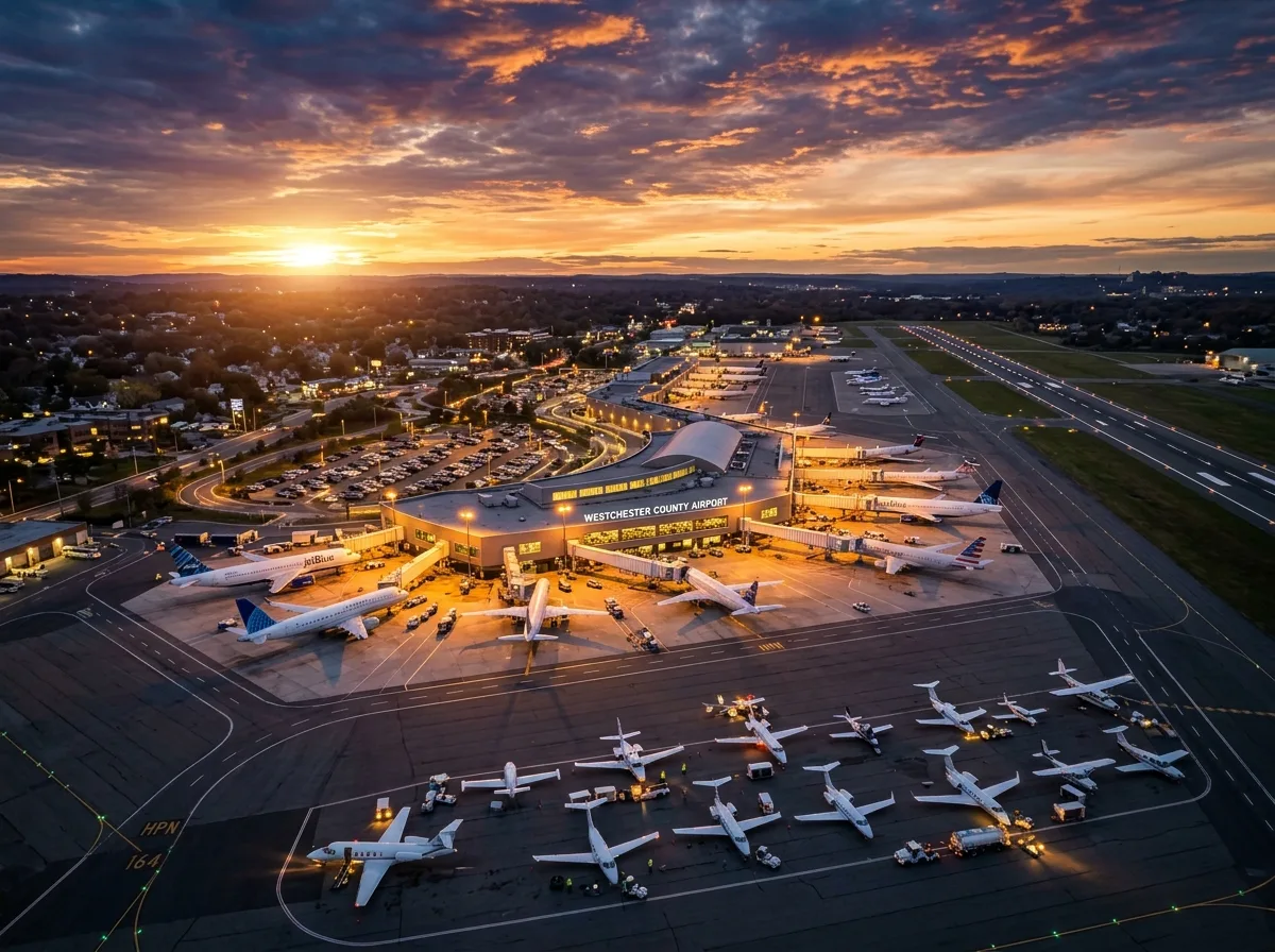 Aerial view of Westchester County Airport HPN terminal at dusk, tarmac with aircraft, warm golden hour lighting, dramatic sky