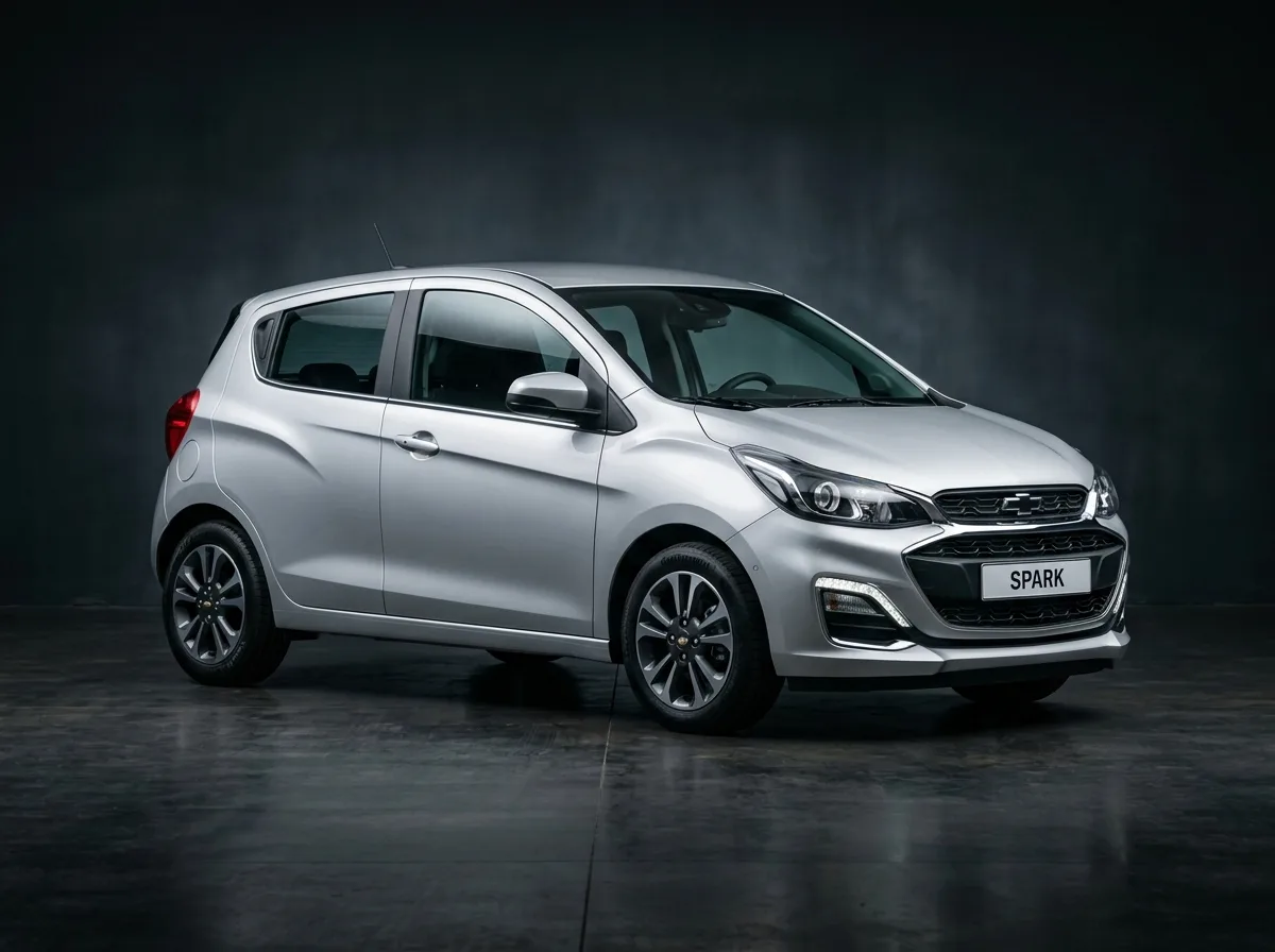 Economy car Chevrolet Spark compact hatchback, silver, clean studio shot on dark background
