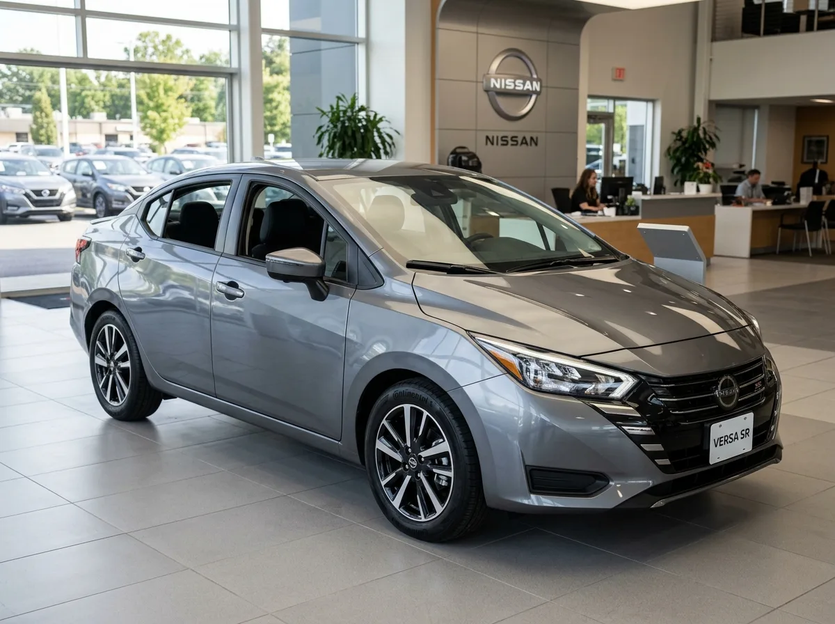 Compact sedan Nissan Versa gray, three-quarter front view, clean dealership background