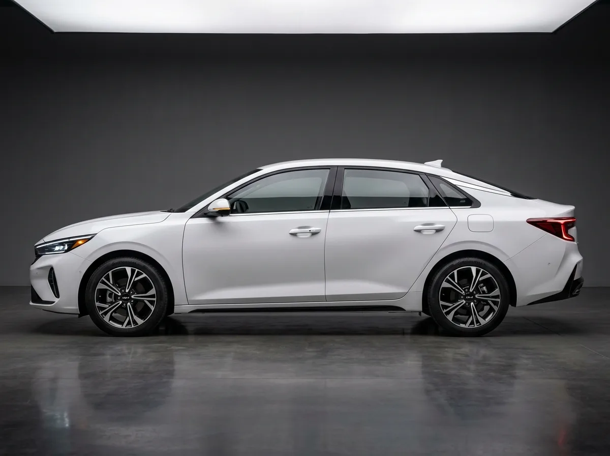 Intermediate sedan Kia K4 white, side profile view, studio automotive photography
