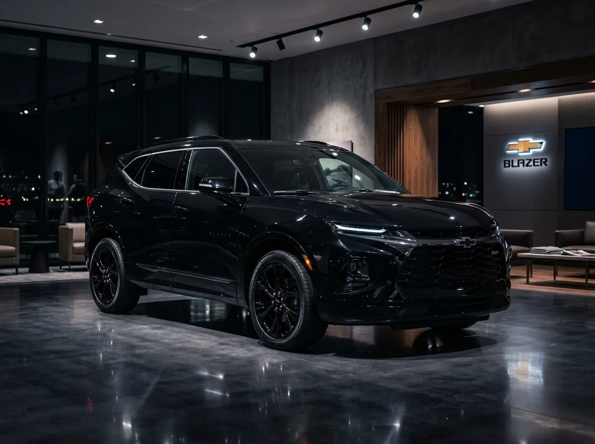 Premium SUV Chevrolet Blazer deep black gloss, luxury dealer showroom lighting, dramatic dark environment